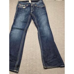 True Religion Super T Bootcut Jeans Mens 33 Dark Wash White Thick Stitch USA